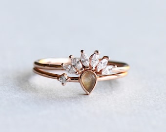 Stacking Ring Rose and Choc 14k White Gold Marquise Ring Dainty Ring
