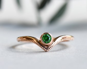 10k Emerald Solid Rose Gold Ring, Cubic Zirconia Emerald Ring, Chevron Ring, Rose and Choc, HRG009