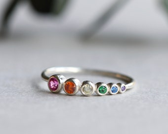 Five Stone Ring, Rainbow Ring, Colorful Ring, Sterling Silver Ring, Engagement Ring, Anniversary Gift, Stacker Ring, Rose and Choc Ring