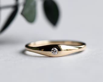 14K Yellow Gold Signet Diamond Ring, Signet Ring, Rose and Choc, Dainty Ring, Promise Ring