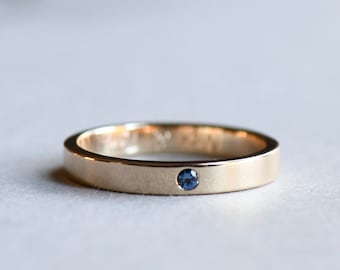 14k Yellow Gold Sapphire Ring, 3mm Wedding Band, Flush Setting Sapphire Ring, Flat Band, Rose and Choc Ring, Stacking Ring