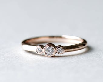 Rose Gold Plated Trio Bezel Ring, Three Stone Ring, Dainty Ring, Stackable Ring, Rose and Choc, Trio Ring, Minimalist Ring