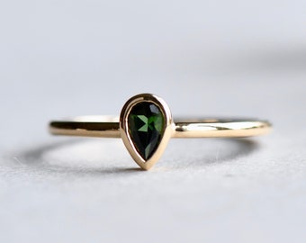 14k Yellow Gold Pear Ring, Tourmaline Ring, Dainty Ring, Anniversary Gift, Engagement Ring, Teardrop Ring