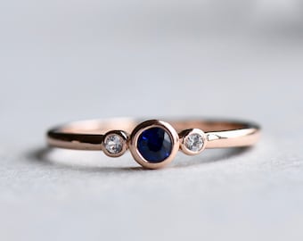 14K Sapphire Trio Ring, Blue Sapphire, White Sapphire, Three Stone Ring, Rose Gold Ring, Rose and Choc, HRG088