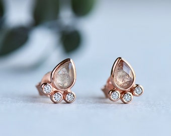 Rose Gold Plated Labradorite Teardrop Earrings: Sterling Silver CZ Cluster