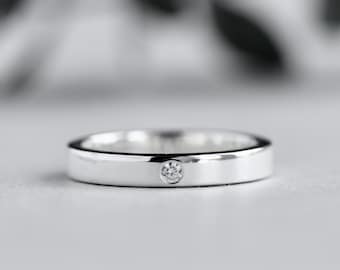 14K White Gold Flat Diamond Band, Wedding Band, Flush Setting Diamond Ring, Flat Band, Rose and Choc Ring