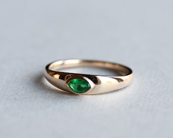 Natural Emerald Ring, 14k Solid Yellow Gold Bezel Ring, Marquise Ring, Signet Ring, Rose and Choc Ring, Art Deco Ring