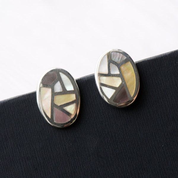 MOP, Mother of Pearl Studs, 925 Sterling Silver, Mosaic Studs, Oval Earrings, Boho Earrings