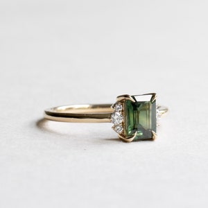 14K Green Sapphire Ring, 1 Carat Emerald Cut Engagement Ring, Yellow Gold Ring, Rose and Choc image 6