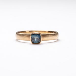 Teal Sapphire Ring, 14k Yellow Gold Sapphire Ring, Cushion Cut Sapphire Ring