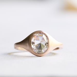14k Rose Cut Moissanite Signet Ring, Rose Gold Ring, Cushion Cut Ring, Engagement Ring, Rose Cut Ring