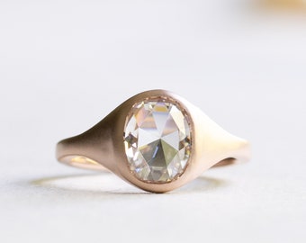 14k Rose Cut Moissanite Signet Ring, Rose Gold Ring, Cushion Cut Ring, Engagement Ring, Rose Cut Ring