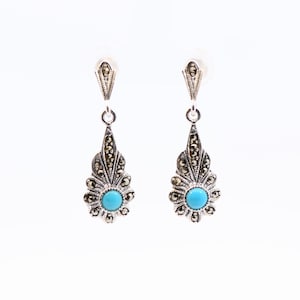 Turquoise Marcasite Sterling Silver Drop Earrings: Vintage Style