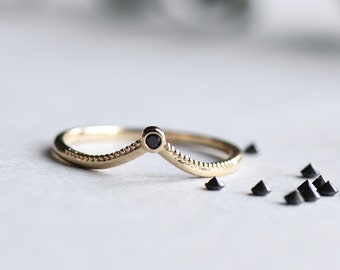 14k Solid Yellow Gold V Ring Guard, Chevron Ring, Black Diamond, Dainty Ring, Stacking Ring, HYG011