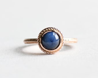 10K Rose Gold Sapphire Ring, Blue Star Ring, Sapphire Gemstone Ring, Rope Ring, Solitaire Ring