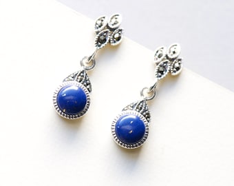 Blue Lapis Lazuli Drop Earrings, Dangle Earrings, Art Deco Earrings, Blue Earrings, Marcasite Earrings. Antique Earrings