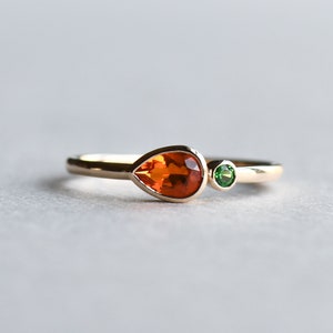 Mexican Fire Opal With Tsavorite Garnet, 14k Solid Yellow Gold Ring, Carrot Ring, Toi et Moi Ring
