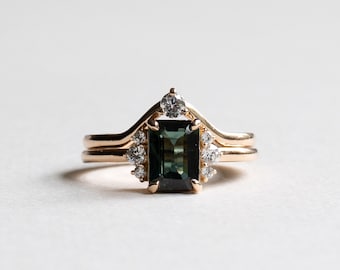 14K Rose Gold Green Sapphire Ring, 1 Carat Emerald Cut Engagement Ring, Yellow Gold Ring, Rose and Choc