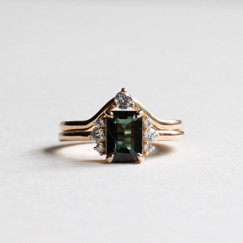14K Green Sapphire Ring, 1 Carat Emerald Cut Engagement Ring, Yellow Gold Ring, Rose and Choc image 9