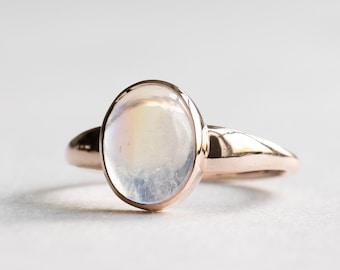 14k Rose Gold Rainbow Moonstone Cabochon Ring,  Statement Ring, Rose and Choc, Signet Ring, Cocktail Ring, Oval Ring