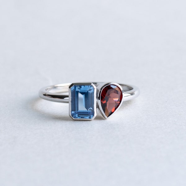 14K Bezel Moi et Toi Ring, You and Me Ring, Aquamarine and Garnet Ring, Rose and Choc Ring, Birthstone Ring