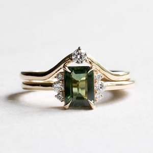 14K Green Sapphire Ring, 1 Carat Emerald Cut Engagement Ring, Yellow Gold Ring, Rose and Choc image 1