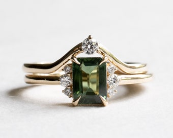 14K Green Sapphire Ring, 1 Carat Emerald Cut Engagement Ring, Yellow Gold Ring, Rose and Choc