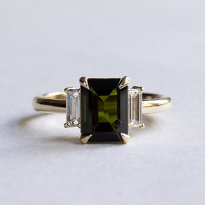 1.7 Carat Green Tourmaline Emerald Cut Ring With Baguette Diamonds, 14K Gold Engagement Ring, Three Stone Ring