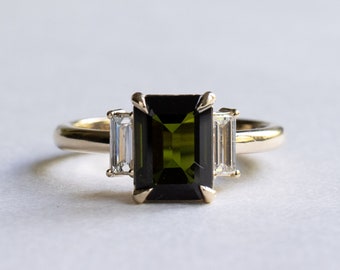 1.7 Carat Green Tourmaline Emerald Cut Ring With Baguette Diamonds, 14K Gold Engagement Ring, Three Stone Ring