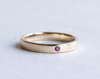 14k Yellow Gold Ruby Ring, 3mm Wedding Band, Flush Setting Ruby Ring, Flat Band, Rose and Choc Ring, Stacking Ring