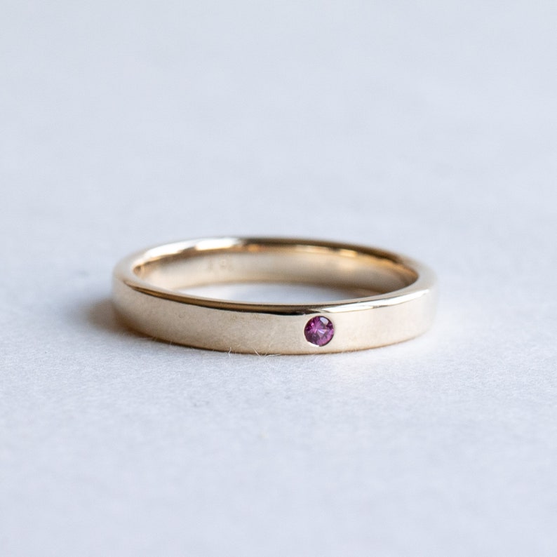 14k Yellow Gold Ruby Ring, 3mm Wedding Band, Flush Setting Ruby Ring, Flat Band, Rose and Choc Ring, Stacking Ring image 1
