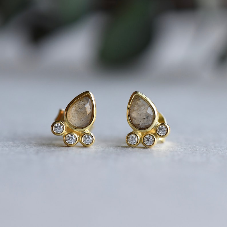 Cluster Earrings With Labradorite, Teardrop Earrings, Pear Stud Earrings, Rose Gold Earrings, Gold Earrings image 1