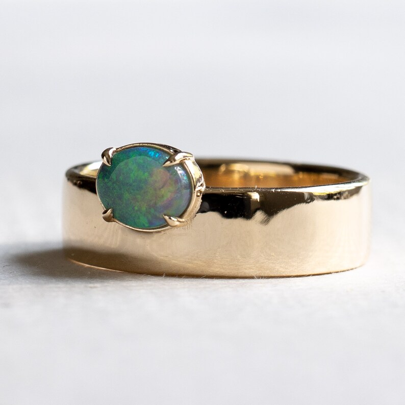 14k Gold Australian Opal Ring Oval Ring Opal Band East West Etsy