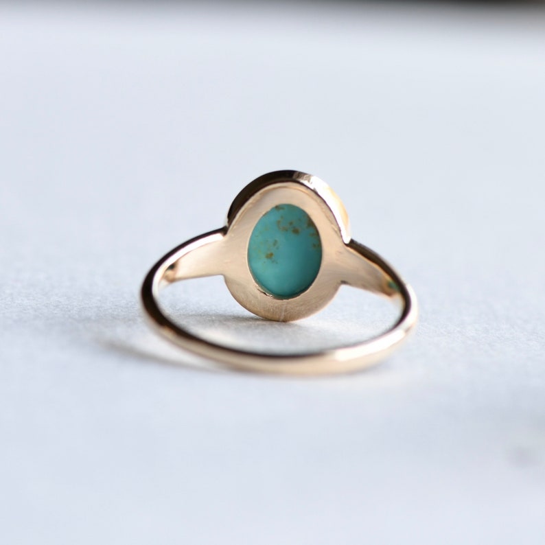 14k Yellow Gold Turquoise Cabochon Ring, Kingman Turquoise Ring, Statement Ring, Rose and Choc, Signet Ring, Cocktail Ring, Oval Ring image 2