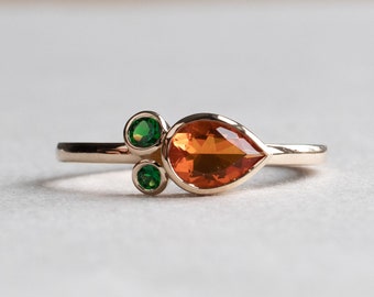 Mexican Fire Opal With Tsavorite Garnet, 14k Solid Yellow Gold Ring, Carrot Ring