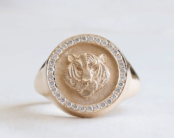 14k Gold Tiger Diamond Signet Ring, Diamond Ring, Statement Ring, Heirloom Ring, Bespoke Ring, Rose and Choc Ring