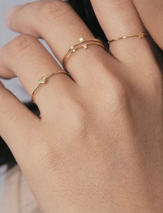 14K Solid Yellow Gold Mini Heart Ring, Thin Ring, Dainty Ring