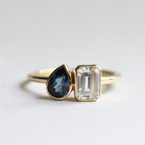 14K Bezel Moi et Toi Ring, Lab Alexandrite and Moissanite Ring, You and Me Ring, Rose and Choc Ring, Birthstone Ring
