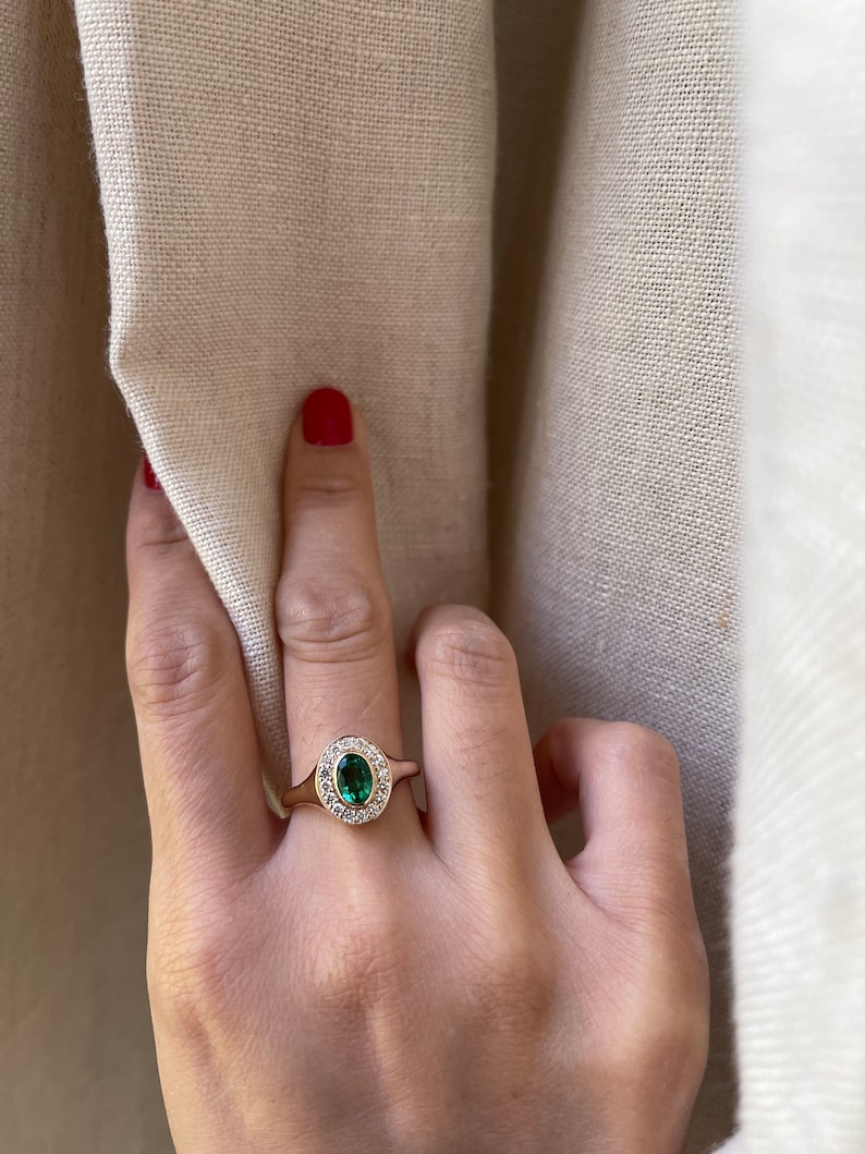 14k Emerald Oval Diamond Gold Ring, Oval Emerald Ring, Signet Ring, Emerald Signet Ring, Oval Signet Ring, Rose and Choc Ring image 2