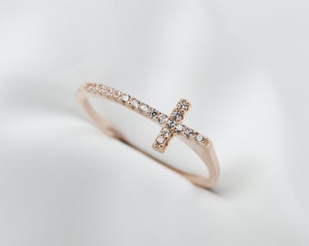 Dainty Cross CZ Ring, Dainty Ring, Sterling Silver Ring, Minimalist Jewelry, Rose Gold Ring, Modern Ring, Cross Ring