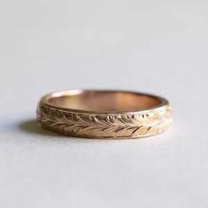14K Rose Gold Band, Hand Engrave Ring, Leaf Band, Wedding Band, 4MM Band