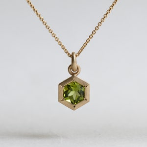 14K Yellow Gold Peridot Hexagon Necklace: August Birthstone