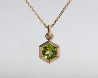 14K Peridot Hexagon Necklace, Peridot Necklace, August Birthstone, Gift For Her