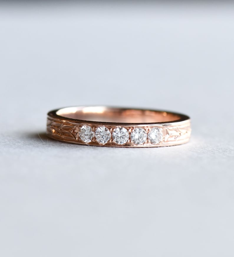 14k Rose Gold Diamond Band, Hand Engraved Wedding Band, Laurel Leaf Ring, Wedding Band, Bridal Ring, HRG028 image 1