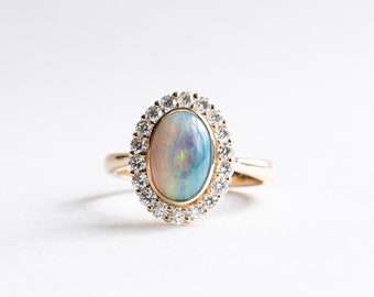 18K 1.66 Carat Australian Opal Ring, Opal Ring, Halo Ring, Statement Ring, Rose and Choc, Cocktail Ring