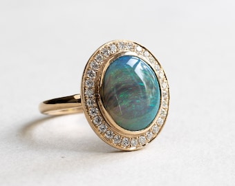 18K Opal Diamond Halo Ring, Oval Ring, Australian Opal, Diamond Halo Ring, Opal Ring