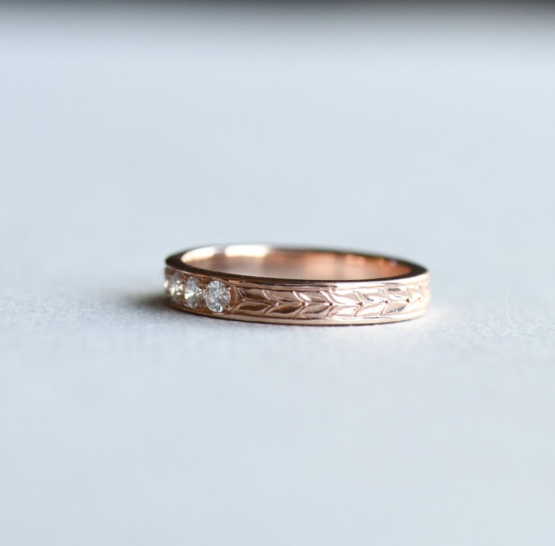 14k Rose Gold Diamond Band, Hand Engraved Wedding Band, Laurel Leaf Ring, Wedding Band, Bridal Ring, HRG028 image 3