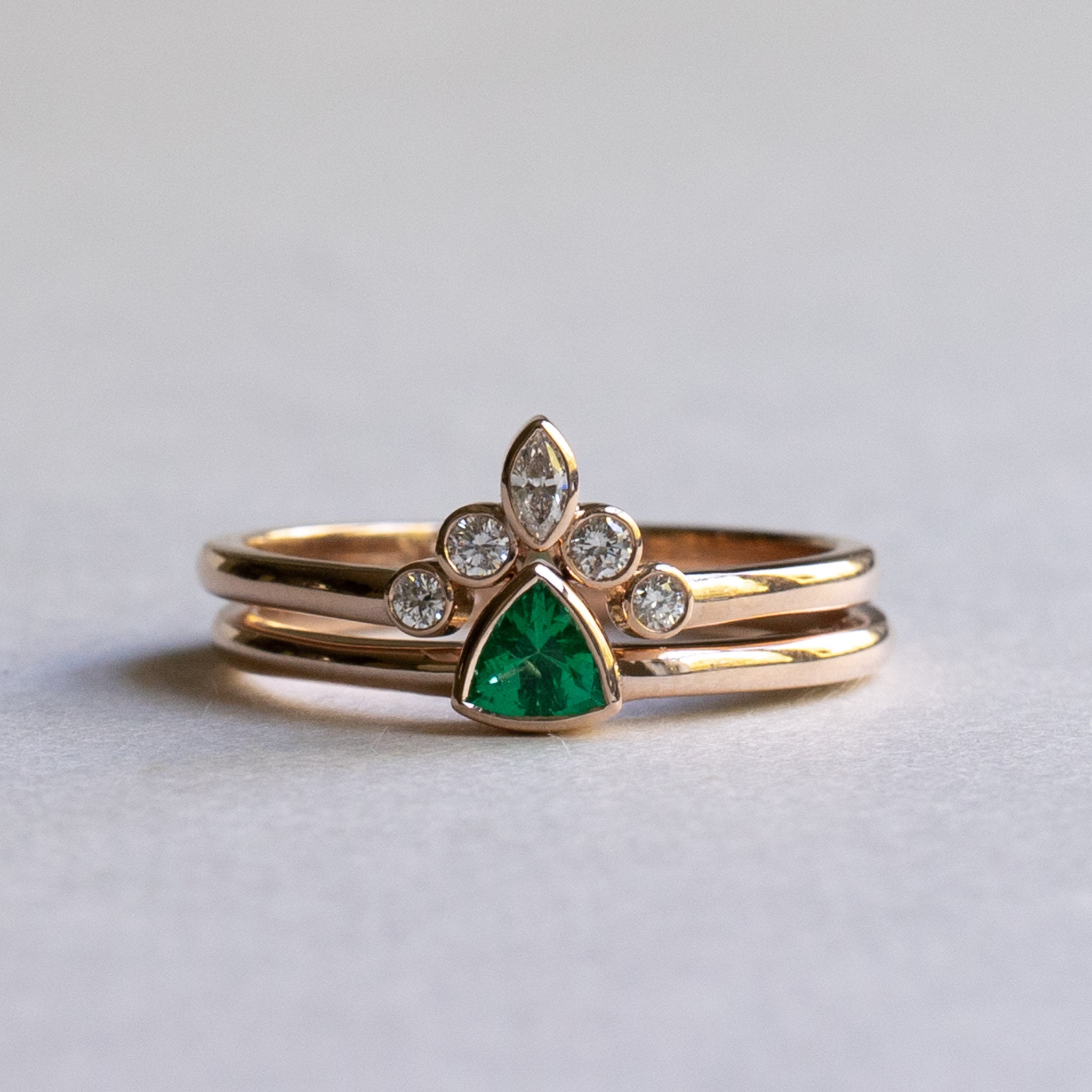 14K Rose Gold Emerald Trillion Set, Trillion Emerald Set, Emerald Diamond Set