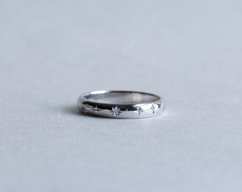 14K White Gold Starburst Diamond 3mm Wedding Band, 14k Solid Gold Ring With Diamonds, Rose and Choc Ring, Dainty Ring