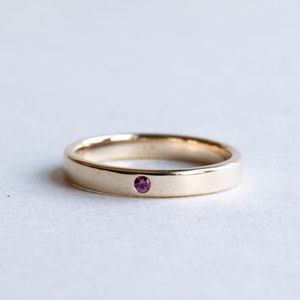14k Yellow Gold Ruby Ring, 3mm Wedding Band, Flush Setting Ruby Ring, Flat Band, Rose and Choc Ring, Stacking Ring image 3